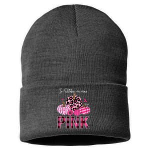 In October We Wear Pink Breast Cancer Awareness Funny Pumpkin Gift Sustainable Knit Beanie