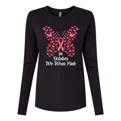 In October We Wear Pink Butterfly Breast Cancer Ribbon Womens Cotton Relaxed Long Sleeve T-Shirt