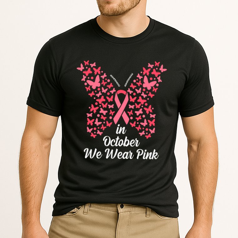 In October We Wear Pink Butterfly Breast Cancer Ribbon Cooling Performance Crew T-Shirt