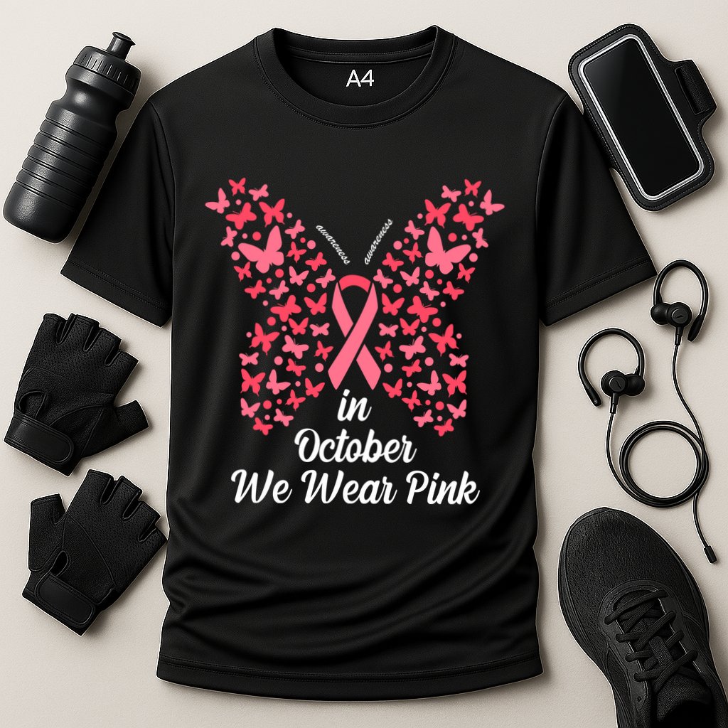 In October We Wear Pink Butterfly Breast Cancer Ribbon Cooling Performance Crew T-Shirt