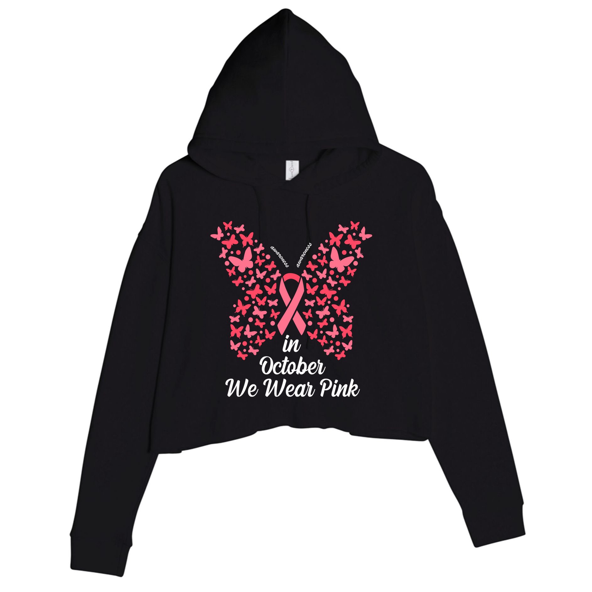 In October We Wear Pink Butterfly Breast Cancer Ribbon Crop Fleece Hoodie