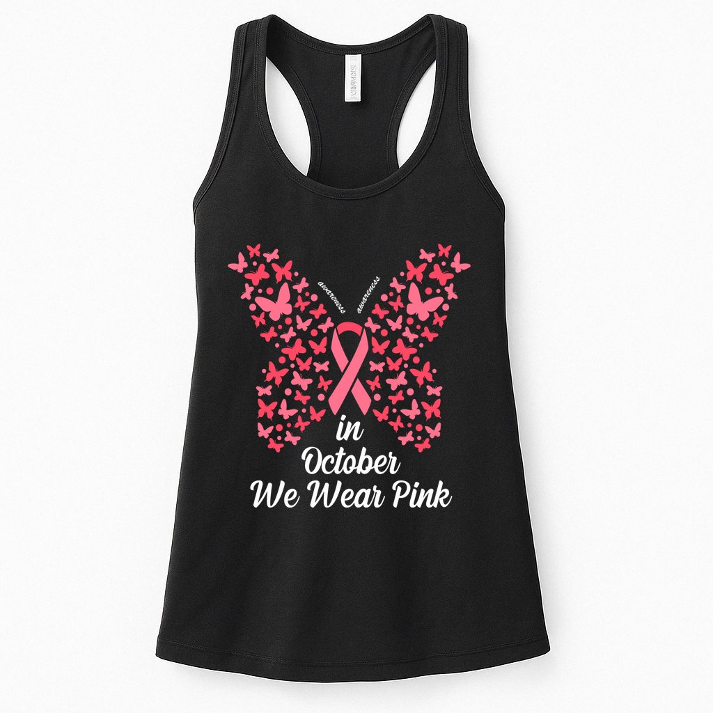 In October We Wear Pink Butterfly Breast Cancer Ribbon Womens Tank Top