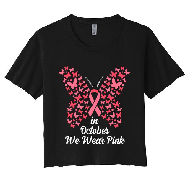 In October We Wear Pink Butterfly Breast Cancer Ribbon Crop Top