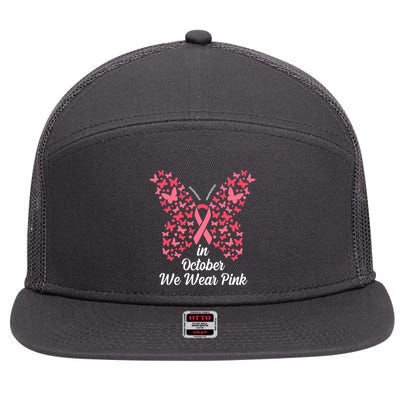 In October We Wear Pink Butterfly Breast Cancer Ribbon 7 Panel Mesh Trucker Snapback Hat