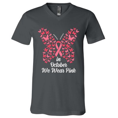 In October We Wear Pink Butterfly Breast Cancer Ribbon V-Neck T-Shirt