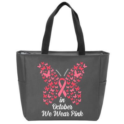 In October We Wear Pink Butterfly Breast Cancer Ribbon Zip Tote Bag