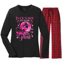 In October We Wear Pink Halloween Witch Breast Cancer Awareness Women's Long Sleeve Flannel Pajama Set 