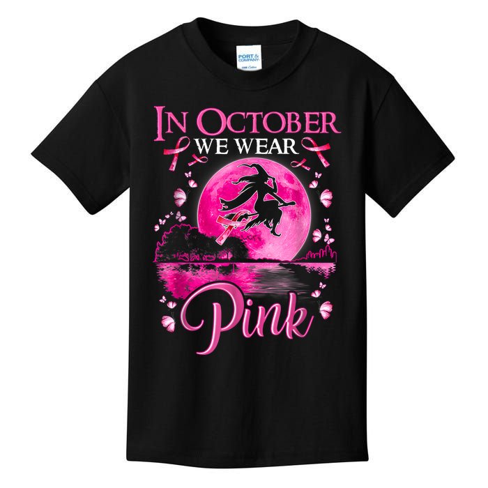 In October We Wear Pink Halloween Witch Breast Cancer Awareness Kids T-Shirt