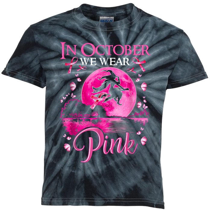 In October We Wear Pink Halloween Witch Breast Cancer Awareness Kids Tie-Dye T-Shirt