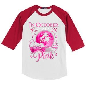 In October We Wear Pink Halloween Witch Breast Cancer Awareness Kids Colorblock Raglan Jersey