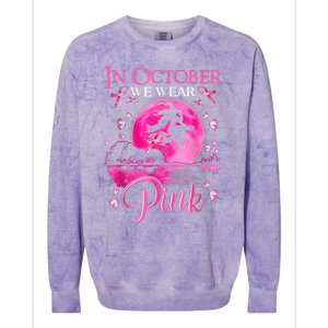 In October We Wear Pink Ribbon Witch Halloween Breast Cancer Colorblast Crewneck Sweatshirt