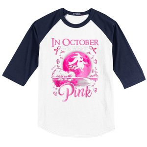 In October We Wear Pink Ribbon Witch Halloween Breast Cancer Baseball Sleeve Shirt