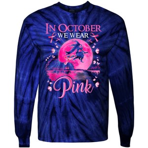 In October We Wear Pink Ribbon Witch Halloween Breast Cancer Tie-Dye Long Sleeve Shirt