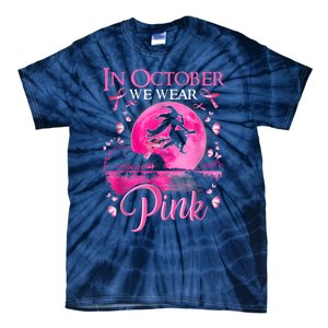 In October We Wear Pink Ribbon Witch Halloween Breast Cancer Tie-Dye T-Shirt