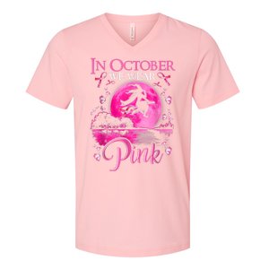 In October We Wear Pink Ribbon Witch Halloween Breast Cancer V-Neck T-Shirt