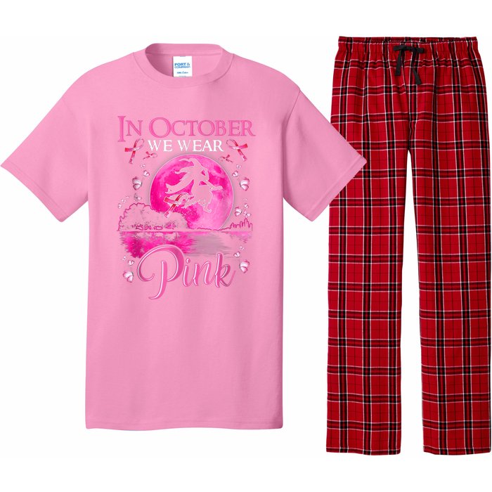 In October We Wear Pink Ribbon Witch Halloween Breast Cancer Pajama Set