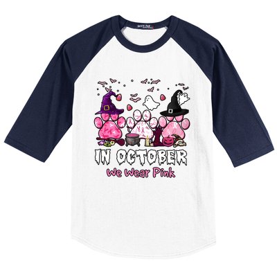 In October We Wear Pink Paw Prints Halloween Witch Baseball Sleeve Shirt