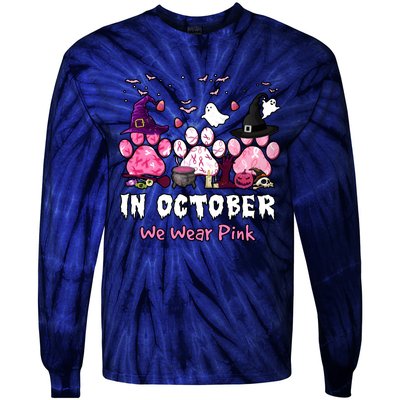 In October We Wear Pink Paw Prints Halloween Witch Tie-Dye Long Sleeve Shirt