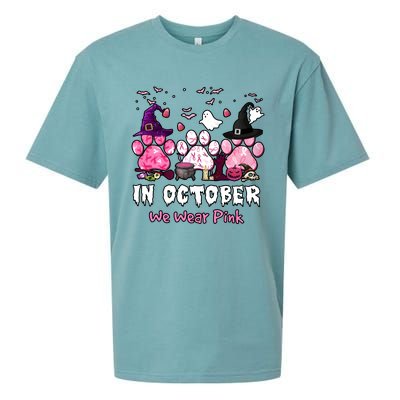 In October We Wear Pink Paw Prints Halloween Witch Sueded Cloud Jersey T-Shirt