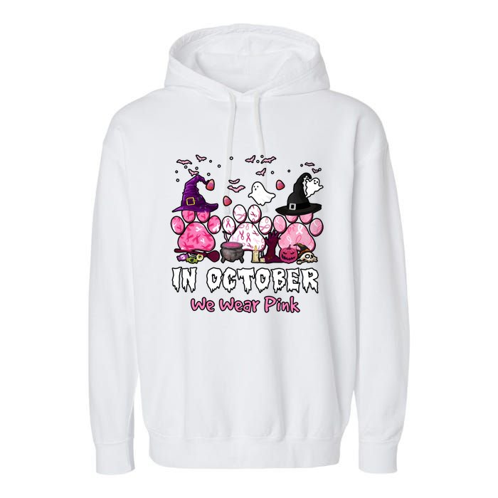 In October We Wear Pink Paw Prints Halloween Witch Garment-Dyed Fleece Hoodie