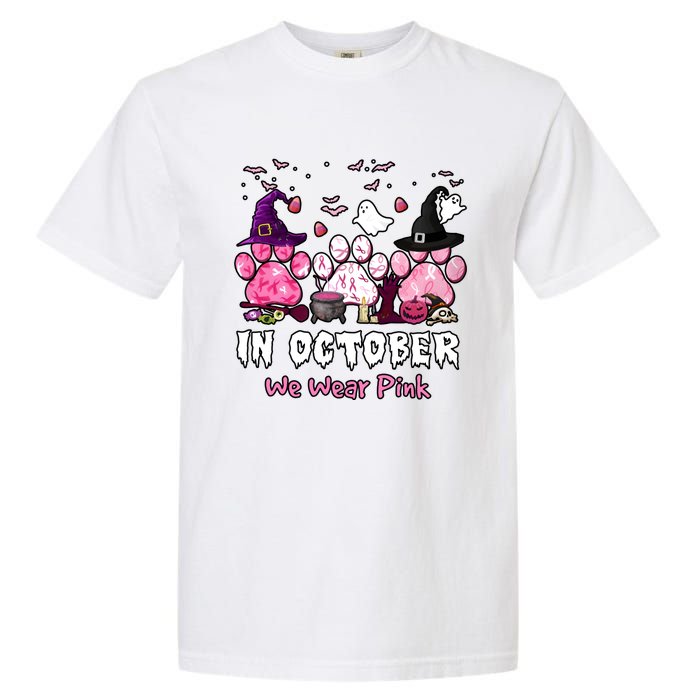 In October We Wear Pink Paw Prints Halloween Witch Garment-Dyed Heavyweight T-Shirt