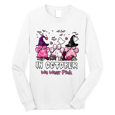 In October We Wear Pink Paw Prints Halloween Witch Long Sleeve Shirt