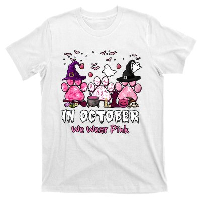 In October We Wear Pink Paw Prints Halloween Witch T-Shirt