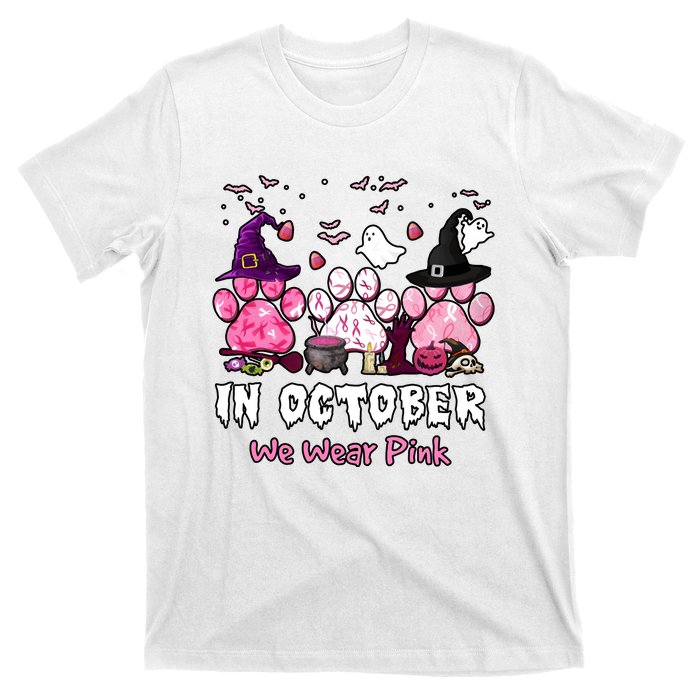 In October We Wear Pink Paw Prints Halloween Witch T-Shirt