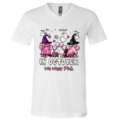 In October We Wear Pink Paw Prints Halloween Witch V-Neck T-Shirt