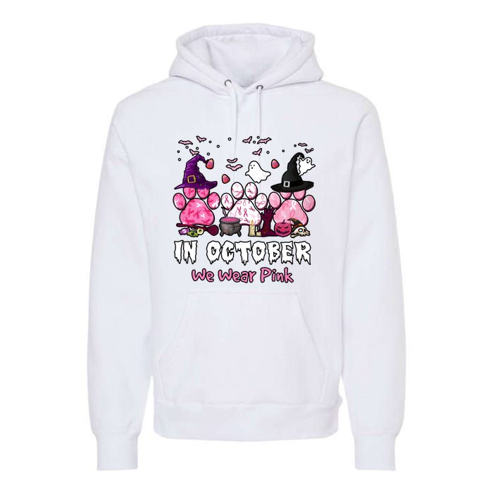 In October We Wear Pink Paw Prints Halloween Witch Premium Hoodie