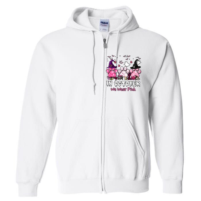 In October We Wear Pink Paw Prints Halloween Witch Full Zip Hoodie