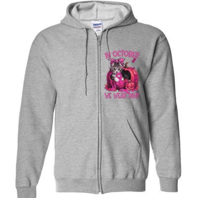 In October We Wear Pin.K Cat Ribbon Breast Cancer Awareness Full Zip Hoodie