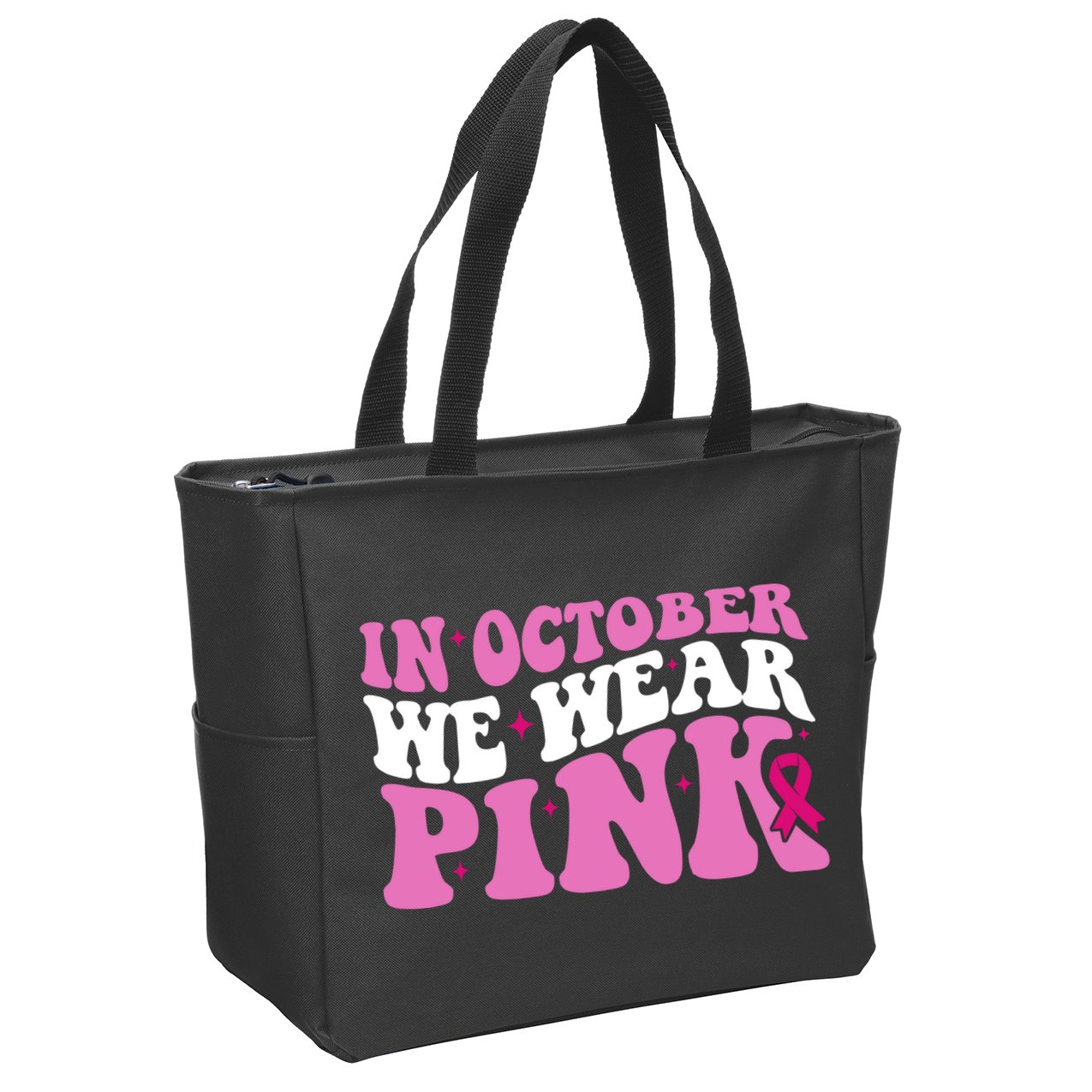 In October We Wear Pink Breast Cancer Ribbon Zip Tote Bag