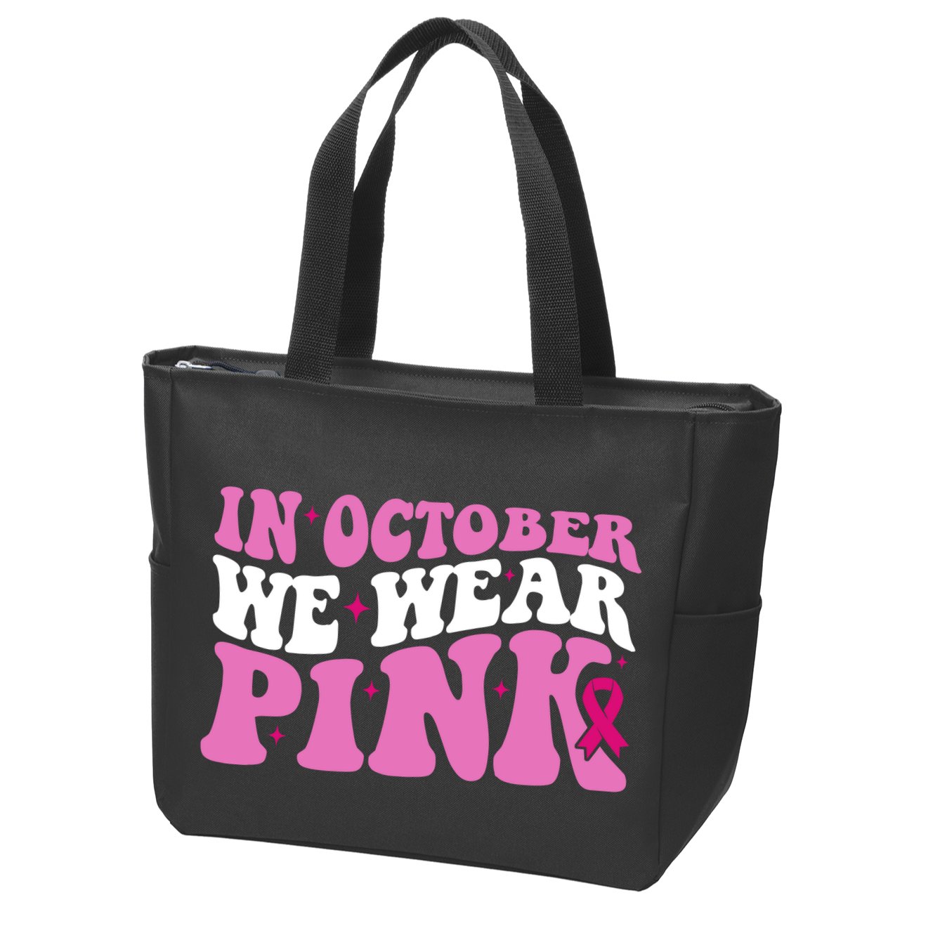 In October We Wear Pink Breast Cancer Ribbon Zip Tote Bag