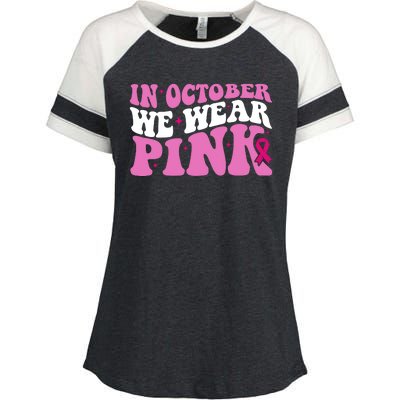 In October We Wear Pink Breast Cancer Ribbon Enza Ladies Jersey Colorblock Tee