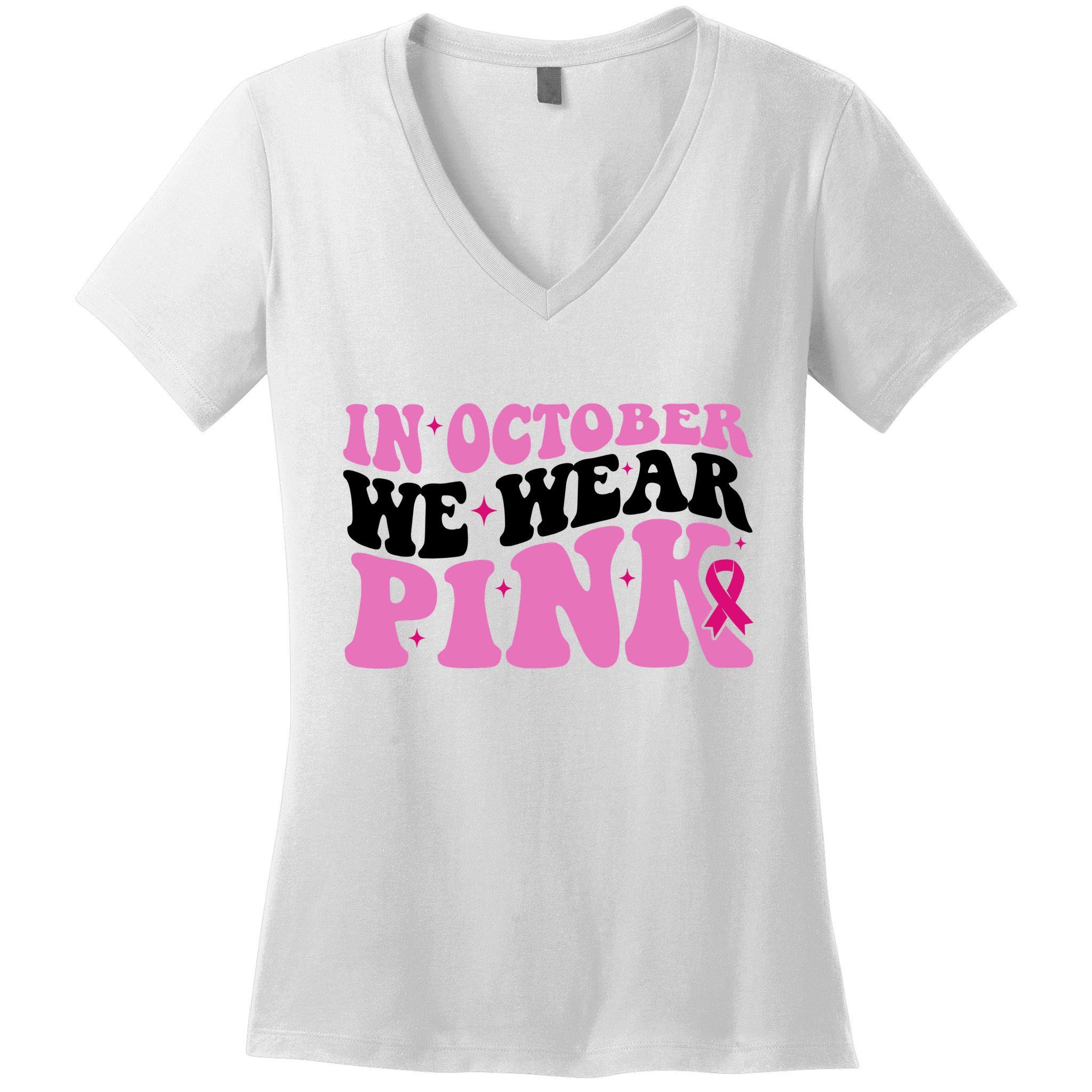 In October We Wear Pink Breast Cancer Ribbon Women's V-Neck T-Shirt