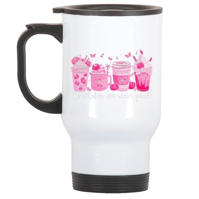 In October We Wear P.Ink Ribbon Pumpkin Spice Breast Cancer Gift Stainless Steel Travel Mug