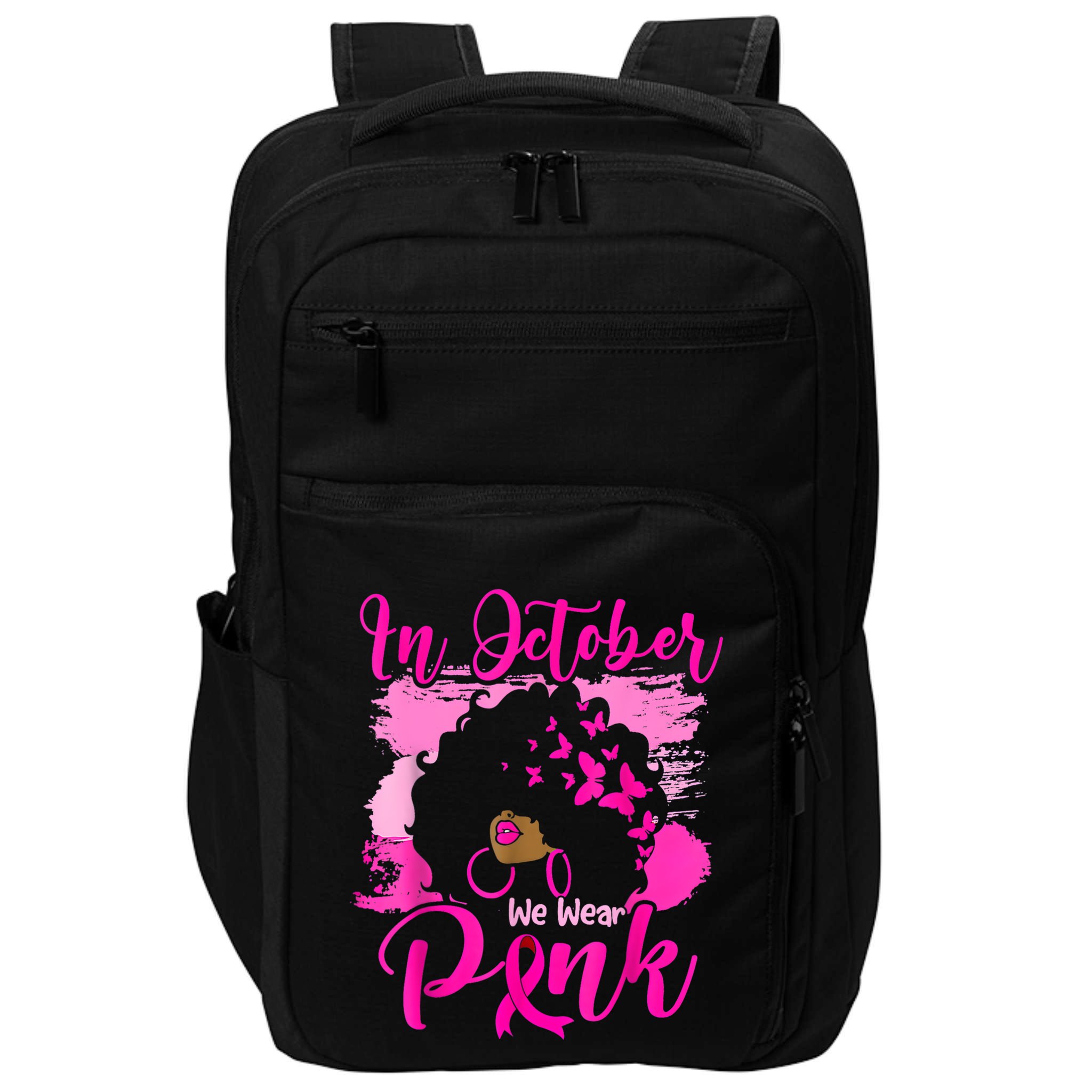 In October We Wear Black Woman Breast Cancer Awareness Impact Tech Backpack
