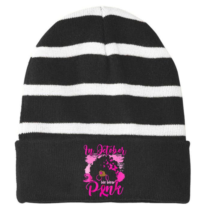 In October We Wear Black Woman Breast Cancer Awareness Striped Beanie with Solid Band