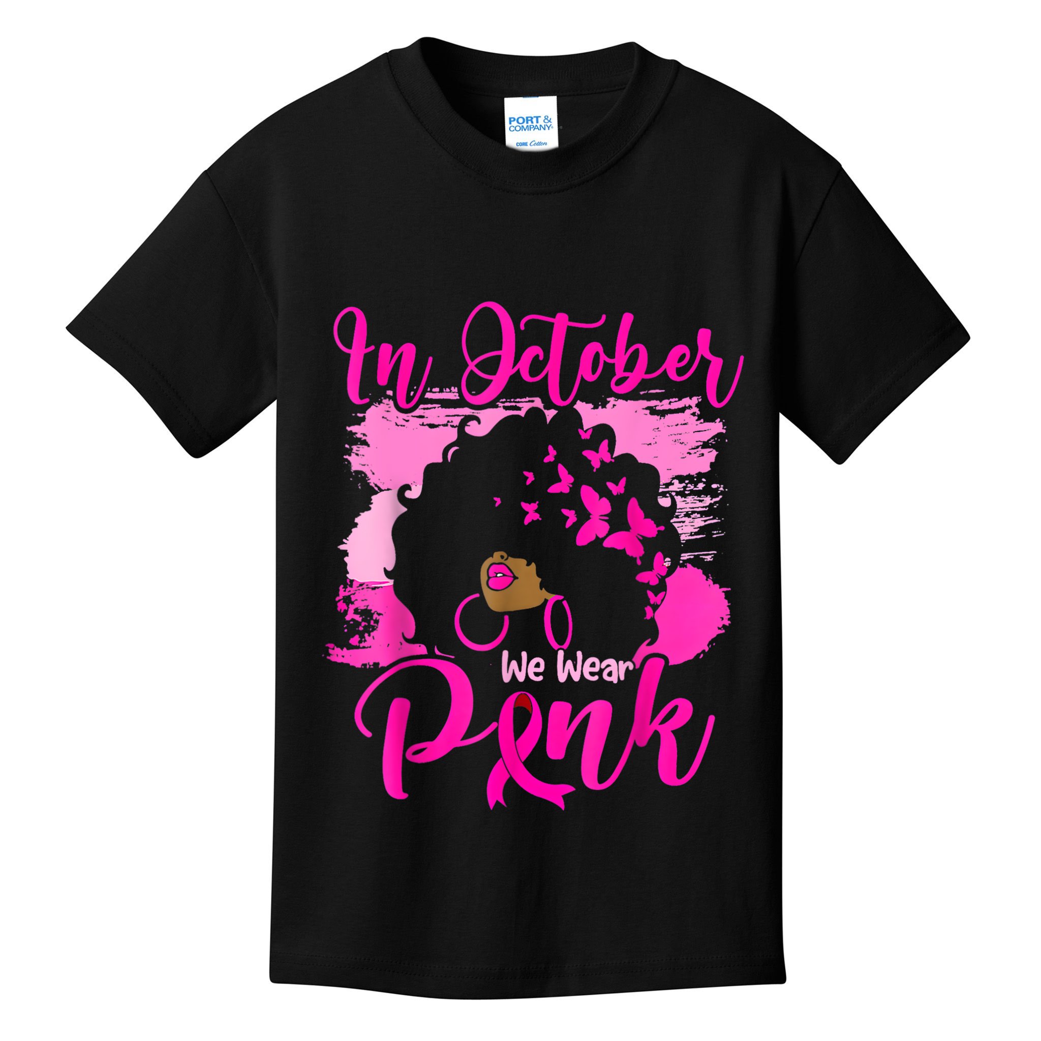 In October We Wear Black Woman Breast Cancer Awareness Kids T-Shirt