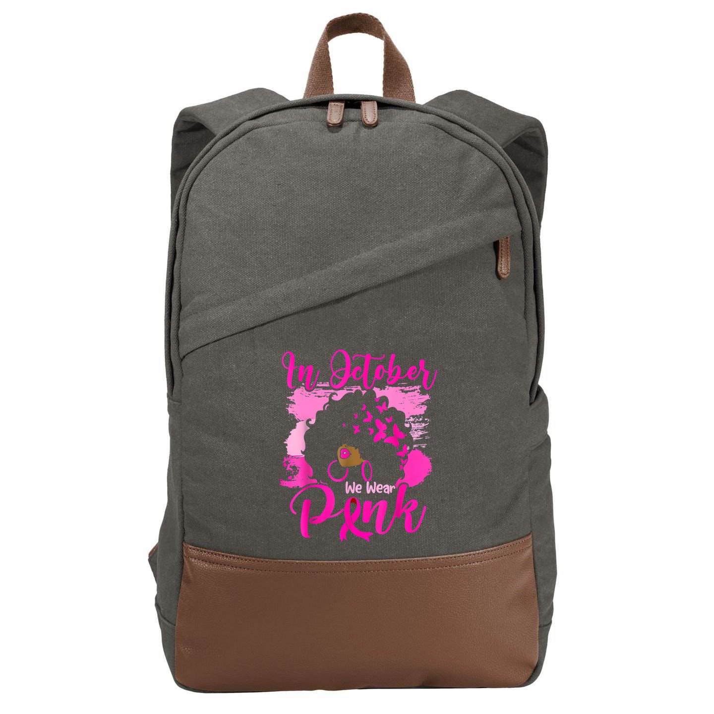In October We Wear Black Woman Breast Cancer Awareness Cotton Canvas Backpack