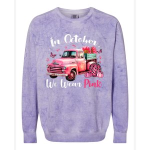 In October We Wear Pink Leopard Truck Pumpkin Breast Cancer Colorblast Crewneck Sweatshirt