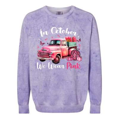 In October We Wear Pink Leopard Truck Pumpkin Breast Cancer Colorblast Crewneck Sweatshirt