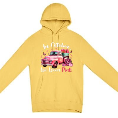 In October We Wear Pink Leopard Truck Pumpkin Breast Cancer Premium Pullover Hoodie