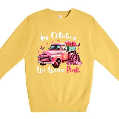 In October We Wear Pink Leopard Truck Pumpkin Breast Cancer Premium Crewneck Sweatshirt