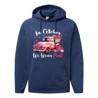 In October We Wear Pink Leopard Truck Pumpkin Breast Cancer Performance Fleece Hoodie