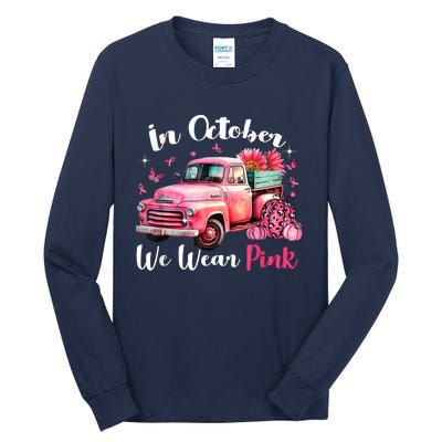 In October We Wear Pink Leopard Truck Pumpkin Breast Cancer Tall Long Sleeve T-Shirt