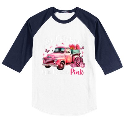 In October We Wear Pink Leopard Truck Pumpkin Breast Cancer Baseball Sleeve Shirt