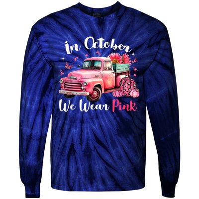 In October We Wear Pink Leopard Truck Pumpkin Breast Cancer Tie-Dye Long Sleeve Shirt