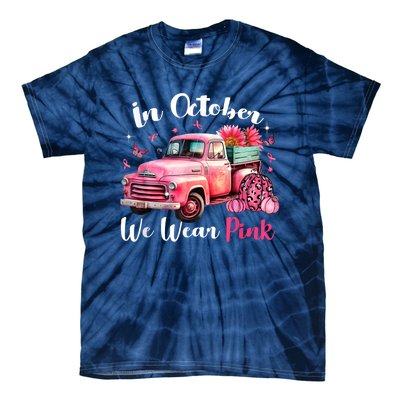 In October We Wear Pink Leopard Truck Pumpkin Breast Cancer Tie-Dye T-Shirt